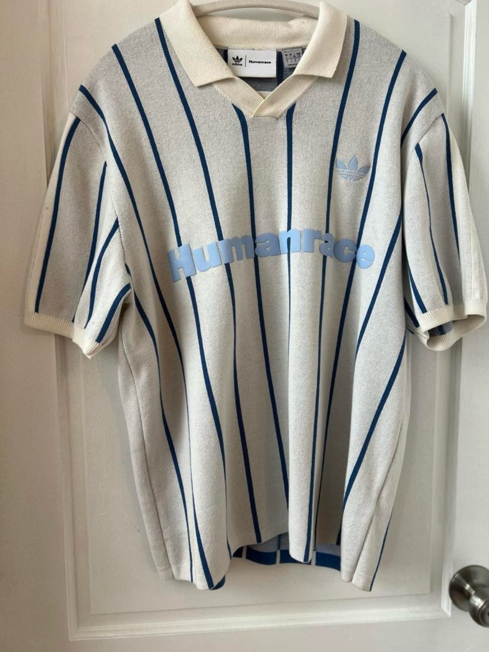 adidas Cream Polo with Blue Stripes and Light Blue Humanrace Logo